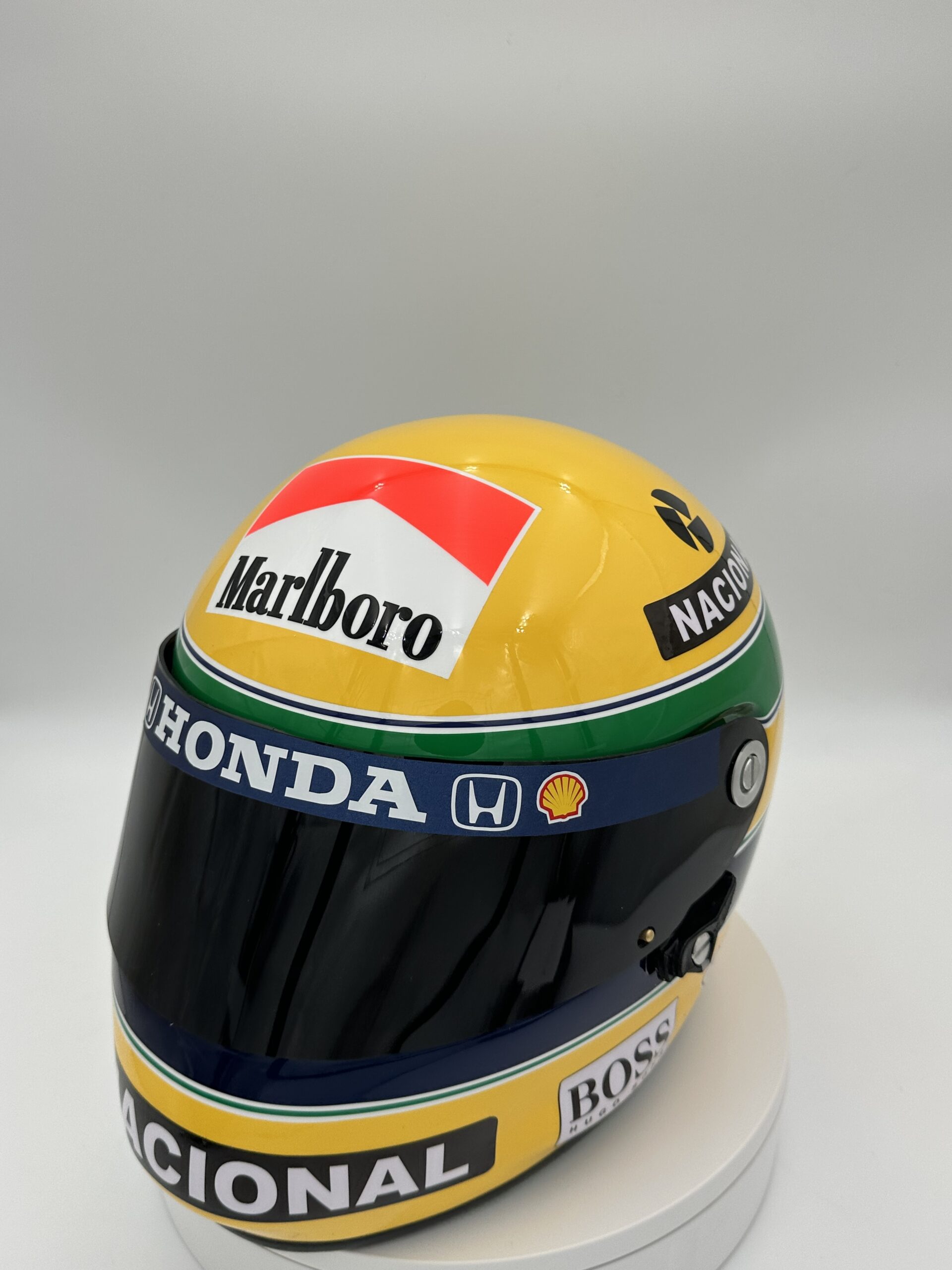 Ayrton Senna 1992 full-size 1:1 F1 replica helmet, display and collector piece, studio photo on white background