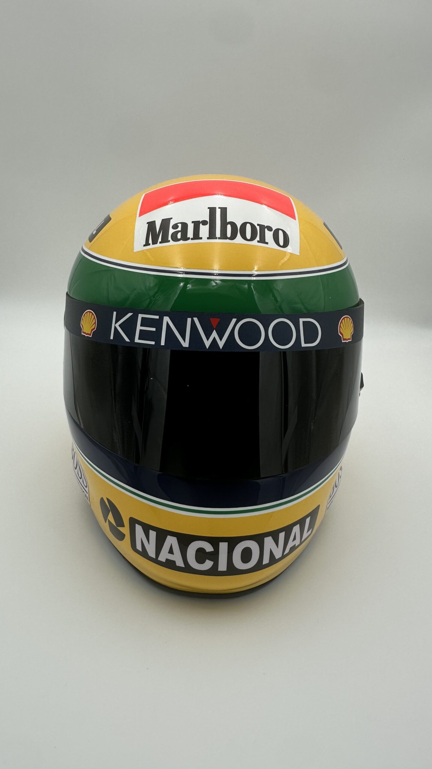 Ayrton Senna 1993 full-size 1:1 F1 replica helmet, display and collector piece, studio photo on white background