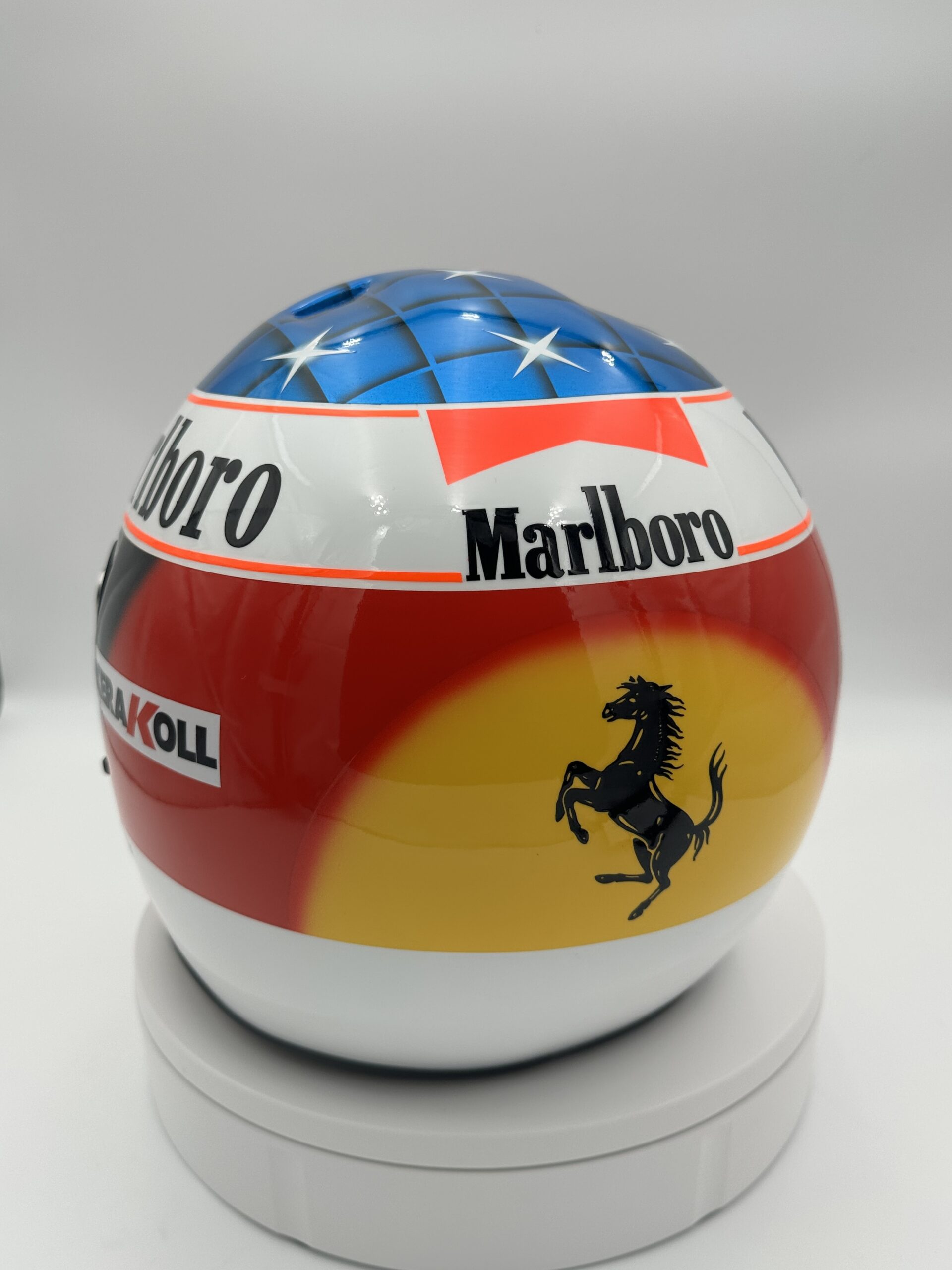 Michael Schumacher 2000 full-size 1:1 F1 replica helmet, display and collector piece, studio photo on white background