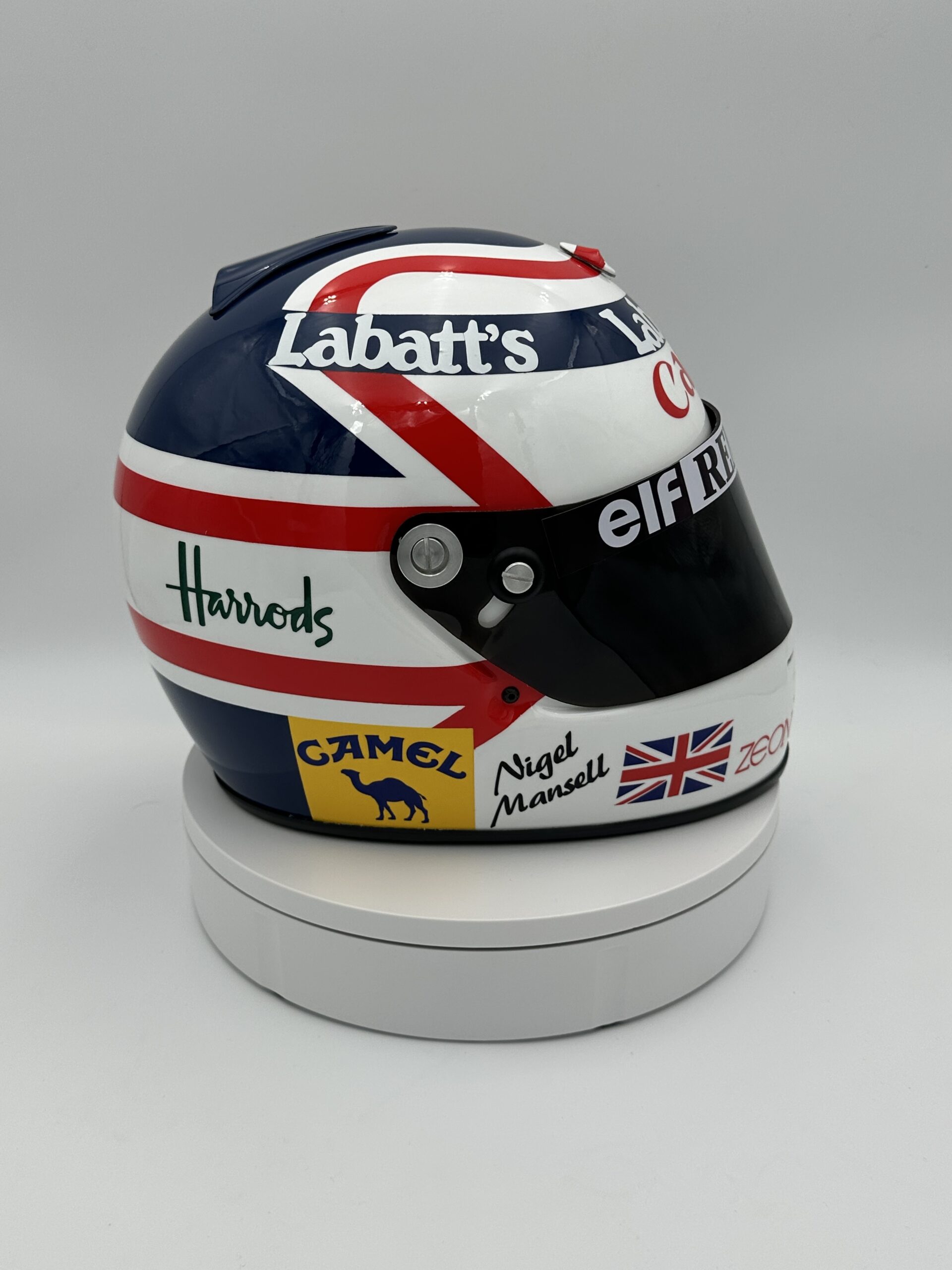 Nigel Mansell 1992 full-size 1:1 F1 replica helmet, display and collector piece, studio photo on white background
