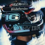 Full side view of Charles Leclerc's black 2026 Singapore GP helmet: blue number 16, Marina Bay skyline with the Singapore Flyer, UniCredit, Bitdefender and IBM