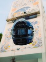 Front of Fernando Alonso's 2026 Mexico City GP helmet, with aramco, the Aston Martin visor strip and Pepperstone on the chin
