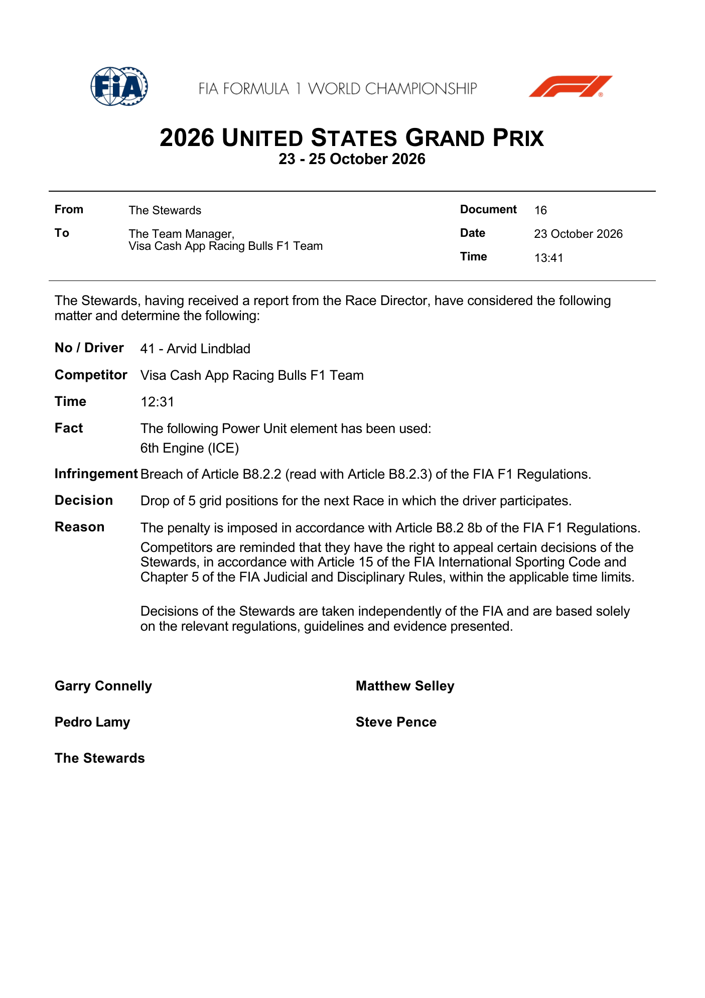 FIA stewards document — Doc 16 - Infringement - Car 41 - PU Element — United States Grand Prix 2026