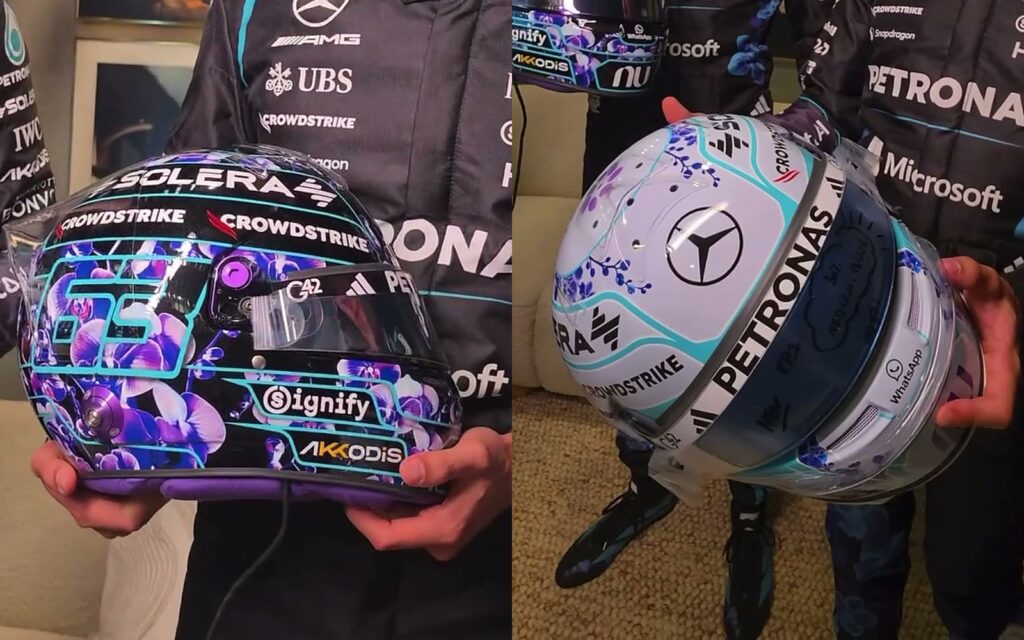George Russell's black and Kimi Antonelli's white 2026 Singapore GP helmets with purple Vanda flowers, side by side