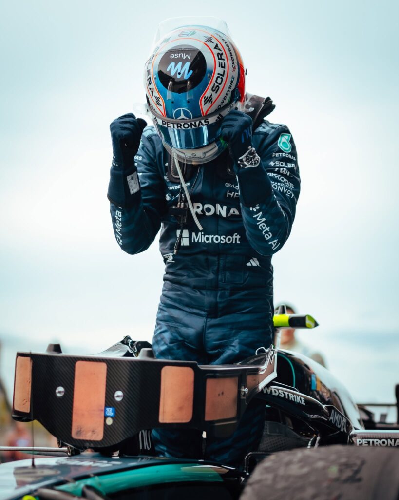 Kimi Antonelli celebrates on his Mercedes after winning the 2026 United States Grand Prix in Austin