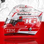 Render of Charles Leclerc's Austin 2026 helmet from the side: white street-map upper, red lower half, number 16, UniCredit and Bitdefender