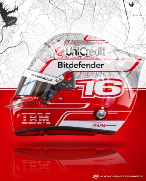 Render of Charles Leclerc's Austin 2026 helmet from the side: white street-map upper, red lower half, number 16, UniCredit and Bitdefender
