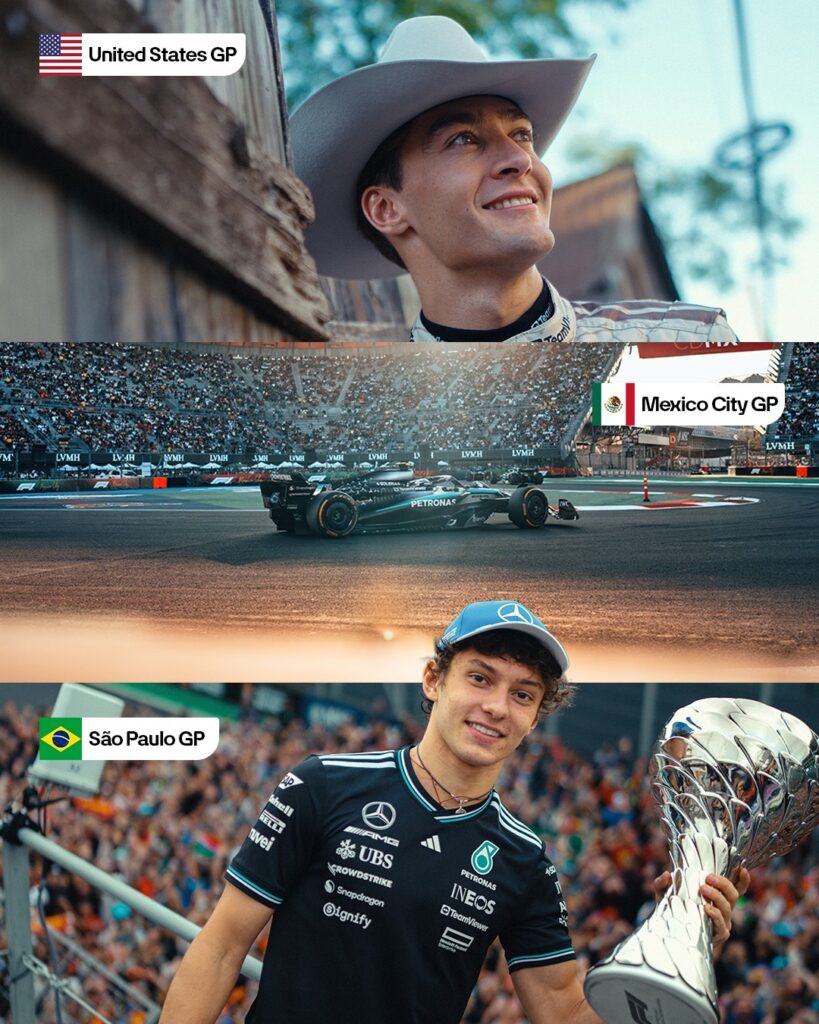 A image split into three parts depicting the upcoming triple haeder. The top image is George Russell wearing a