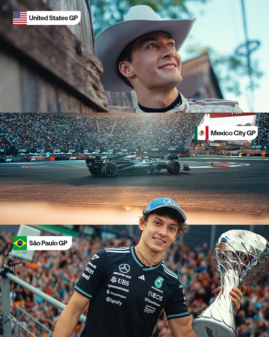 A image split into three parts depicting the upcoming triple haeder. The top image is George Russell wearing a