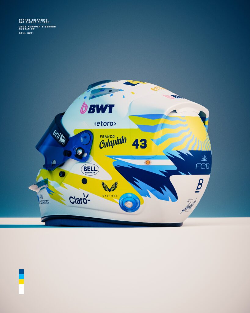 Franco Colapinto's special helmet for the 2026 United States GP in Austin, side view: white Bell shell, yellow band with FRANCO Colapinto 43, yellow and light-blue sun rays