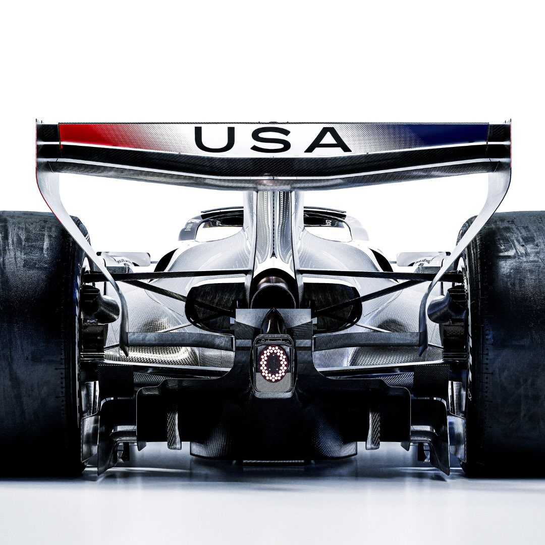 Rear wing of Cadillac's Austin livery reading USA over a red, white and blue band