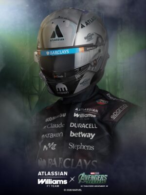Alex Albon's one-off Marvel helmet for the 2026 US GP: brushed metallic silver, Atlassian, Barclays visor strip, Claude and Kraken on the chin