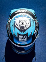 Oliver Bearman's Austin 2026 helmet from above with the visor: bear head, Haas, Godzilla Minus Zero