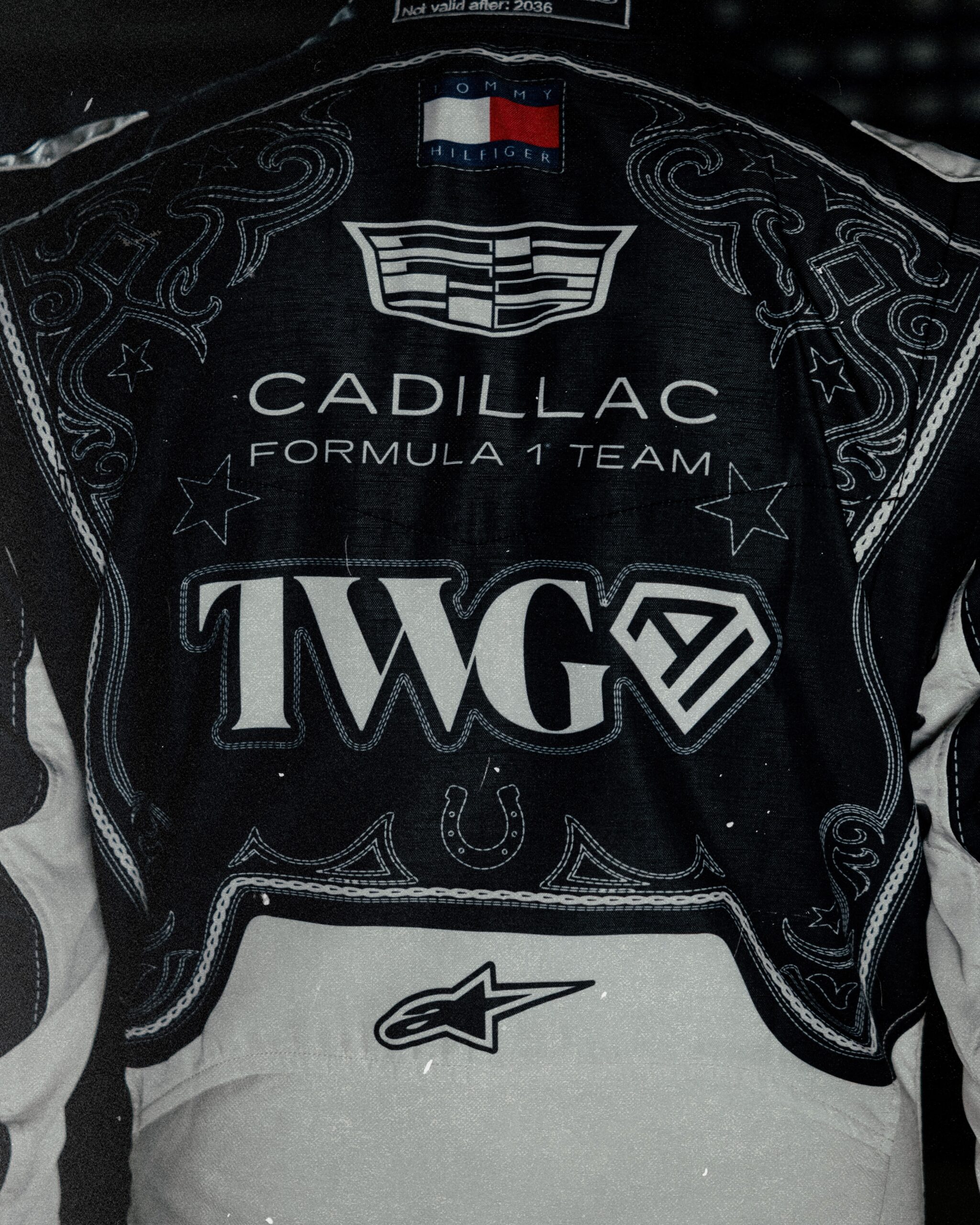 Back of Cadillac's Austin race suit with western-style stitching, the Cadillac crest and TWG