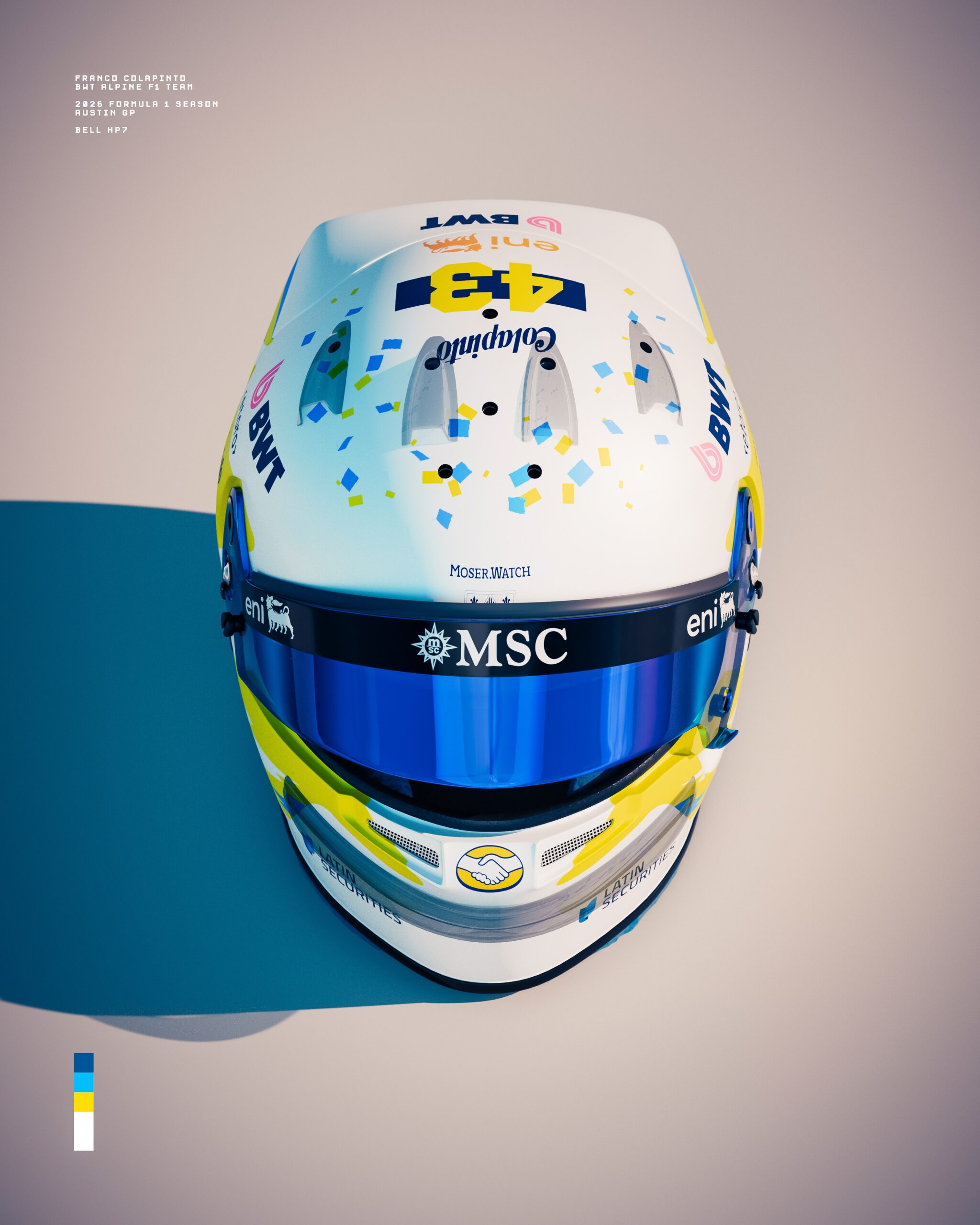 Front of Colapinto's Austin 2026 helmet: MSC on the visor strip, Moser.Watch above the visor, the Mercado Libre handshake logo on the chin
