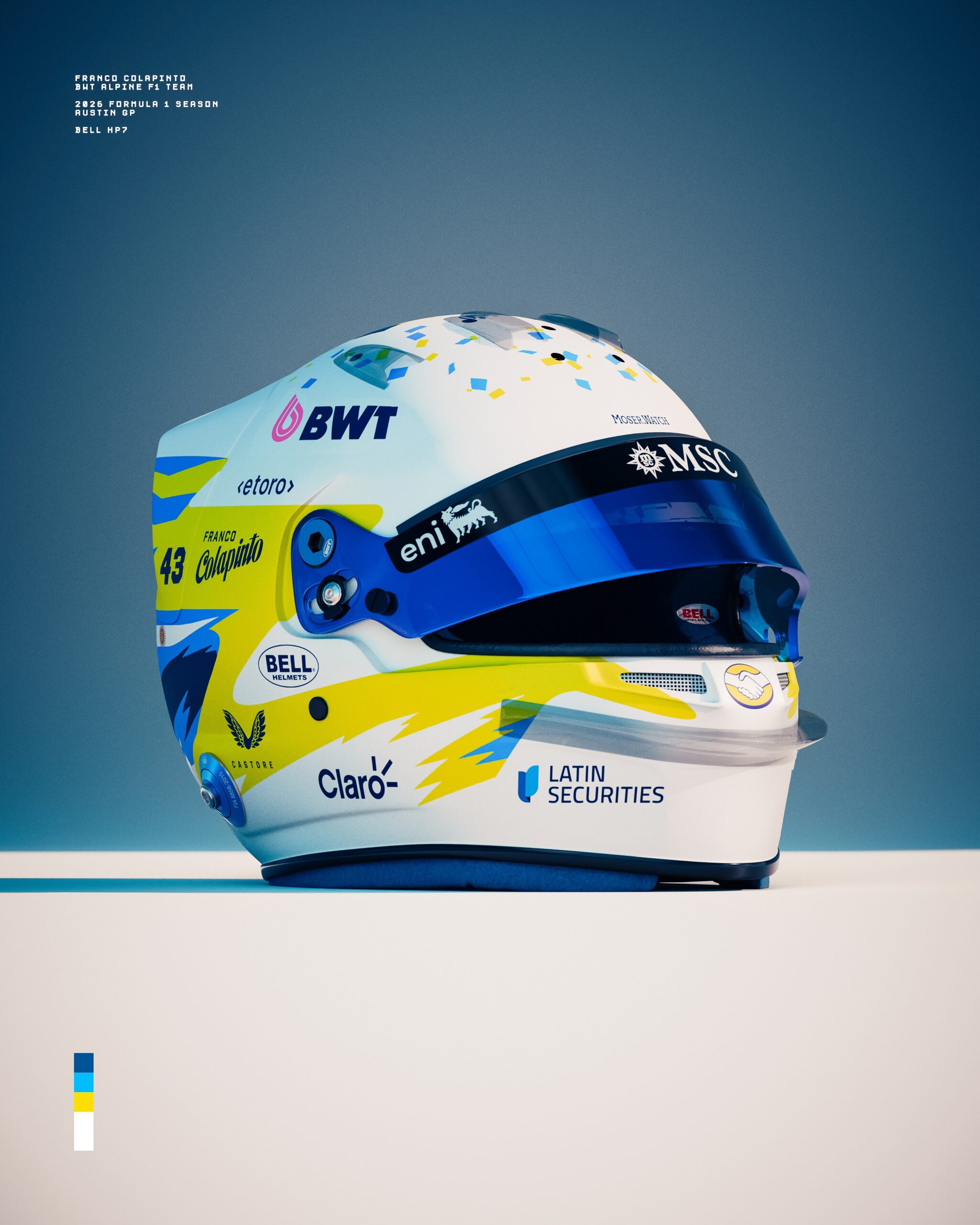 Colapinto's Austin 2026 helmet three-quarters from the front, blue mirrored visor under an MSC and eni visor strip