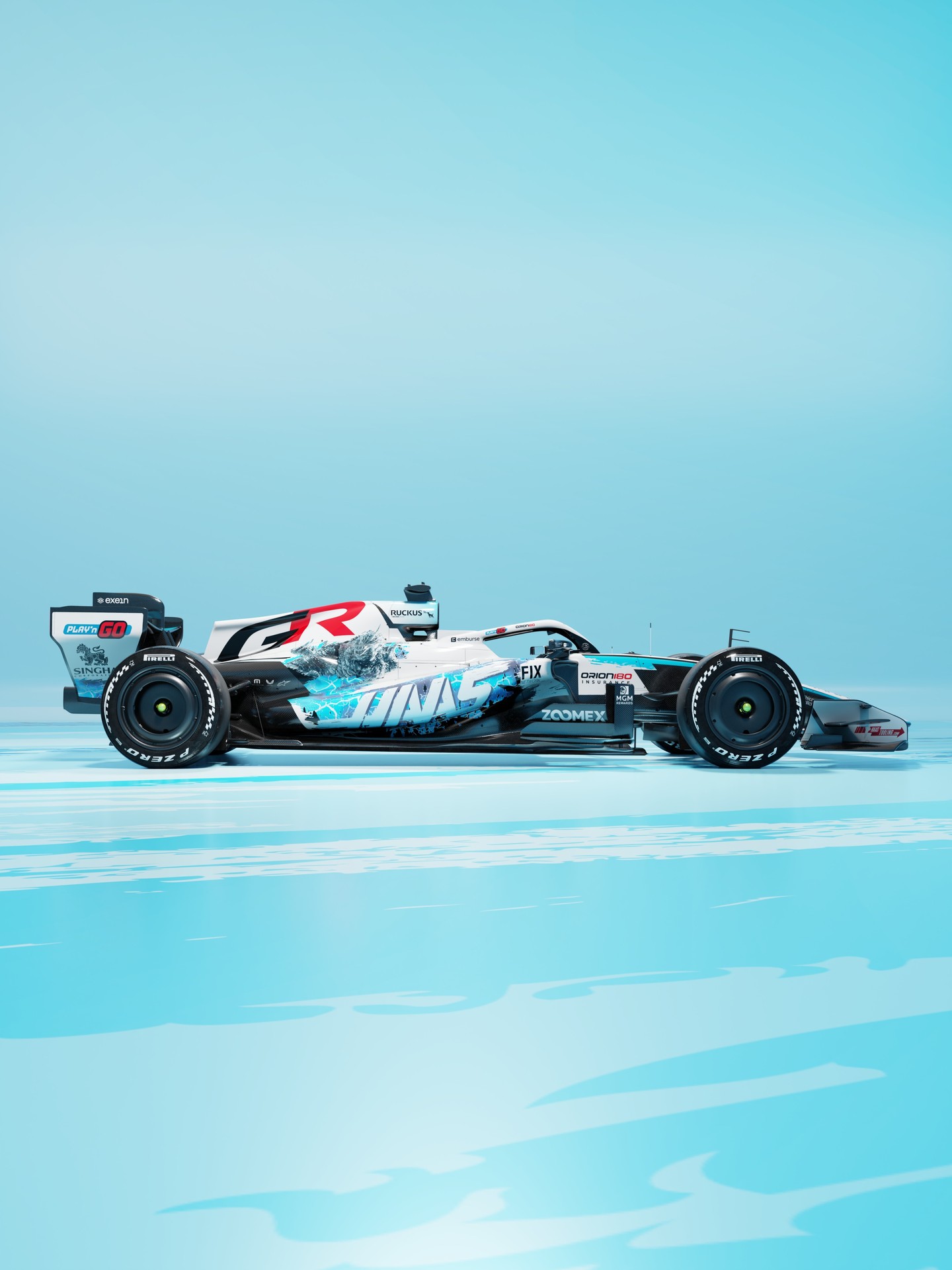 Side view of the white and light-blue Haas Godzilla livery with the Haas name in brush style