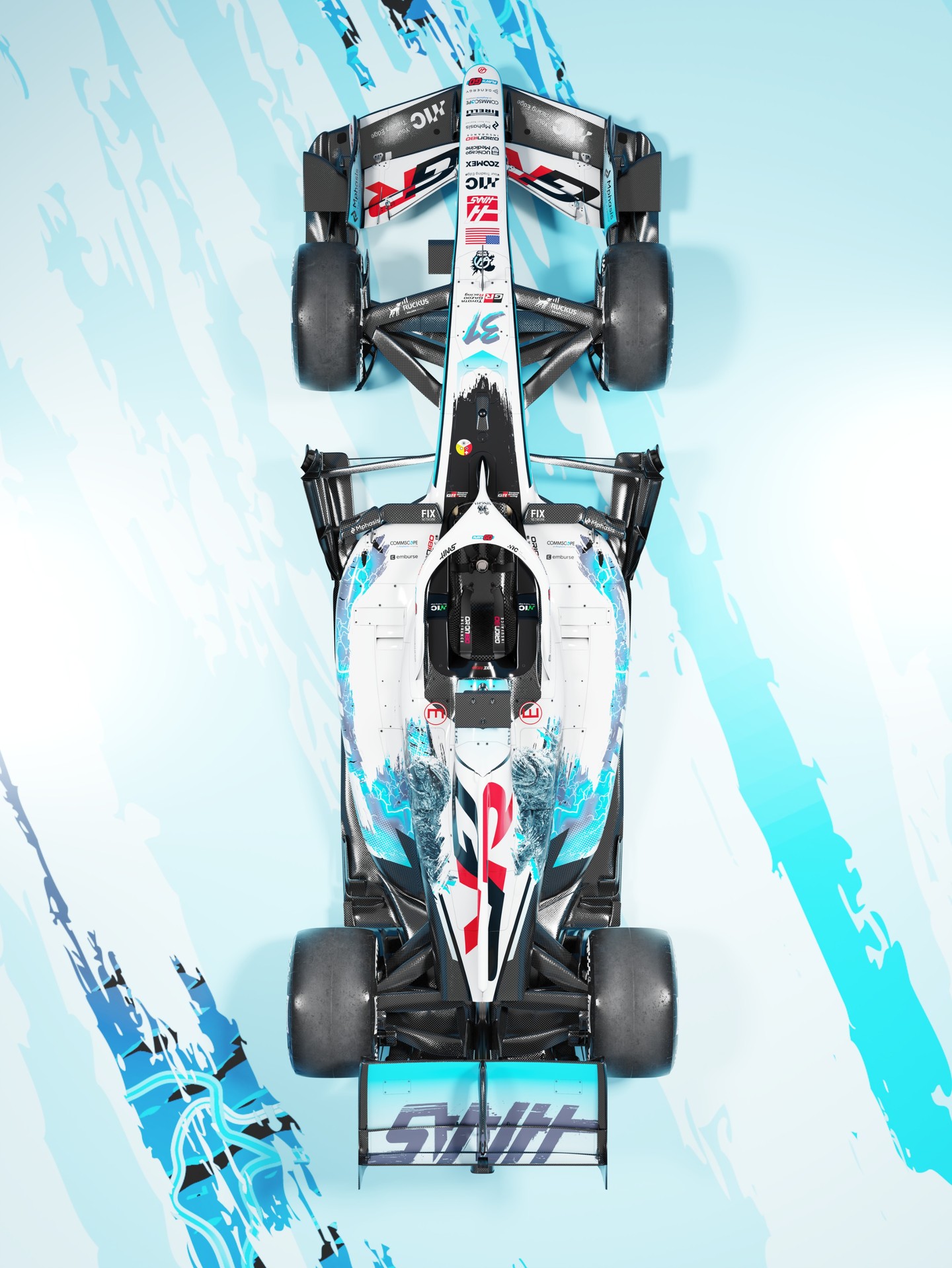 Top view of the Haas Godzilla livery with Godzilla illustrations on the engine cover and sidepods