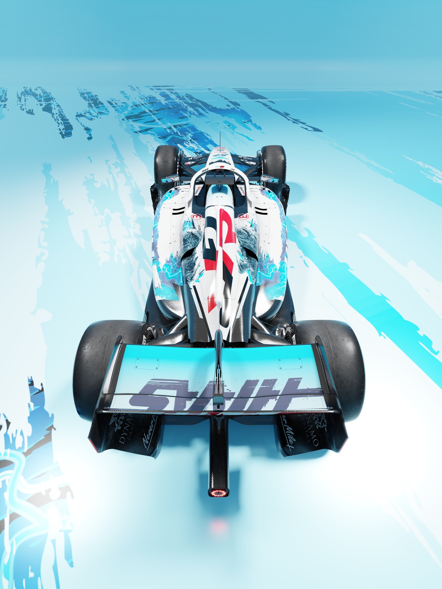 Rear of the Haas Godzilla livery with the light-blue rear wing