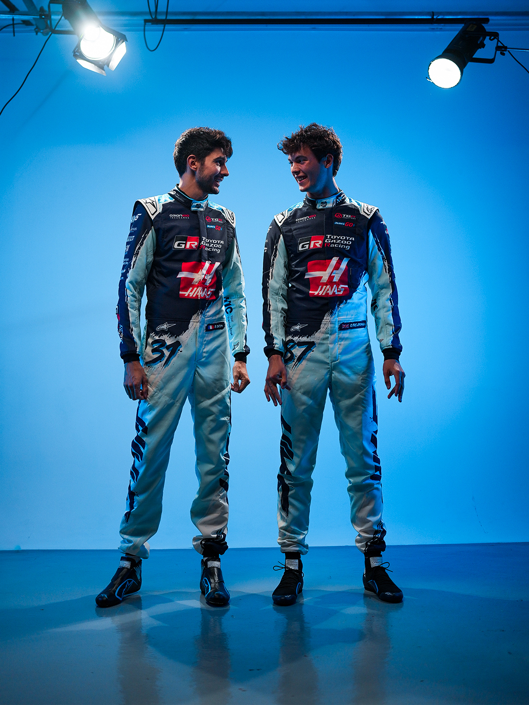 Esteban Ocon and Oliver Bearman in Haas's Godzilla Minus Zero race suits for the 2026 United States Grand Prix