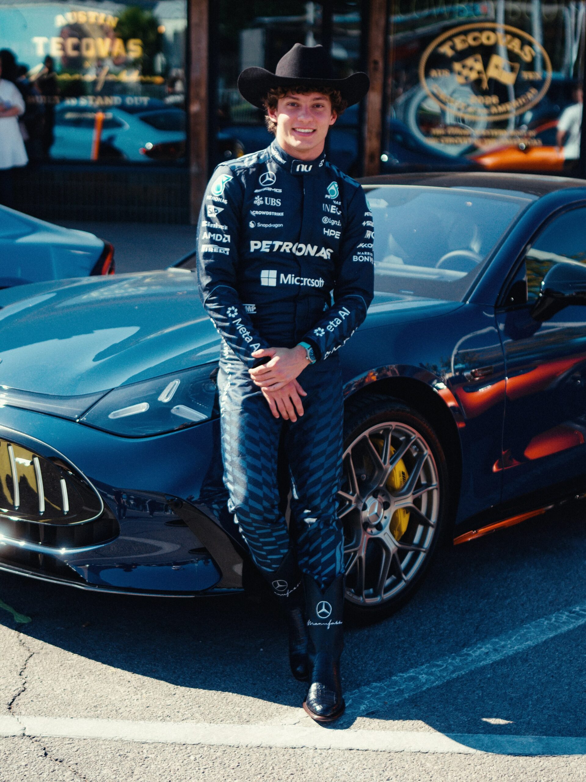 Kimi Antonelli in his dark navy Mercedes race suit for the 2026 United States Grand Prix