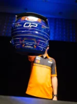 Rear view of Oscar Piastri's 2026 US GP helmet with the OP logo, FxPro and the Bell Helmets logo