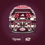 Back of Kimi Antonelli's 2025 Miami GP helmet with number 12, stars and pink, black and off-white floral motifs