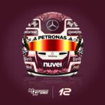 Front of Kimi Antonelli's 2025 Miami GP helmet with the Mercedes star, PETRONAS visor strip and gold iridium visor