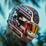 Kimi Antonelli's 2025 Miami GP helmet photographed from the front right against palm trees