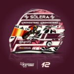 Left side of Kimi Antonelli's 2025 Miami GP helmet with SOLERA and CrowdStrike on the ruby crown and pink and black leaves on the off-white band