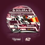 Right side of Kimi Antonelli's 2025 Miami GP helmet: ruby base, off-white panels and turbo pink floral pattern, gold visor