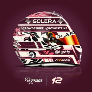 Right side of Kimi Antonelli's 2025 Miami GP helmet: ruby base, off-white panels and turbo pink floral pattern, gold visor