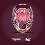 Top of Kimi Antonelli's 2025 Miami GP helmet with a pink number 12, stars and the Mercedes star