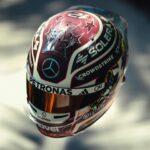 Kimi Antonelli's 2025 Miami GP helmet photographed from above, showing the pink 12 and the stars on the crown