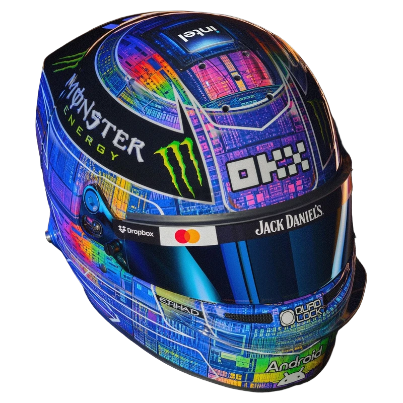 Oscar Piastri 2026 US GP Austin F1 replica helmet Oscar Piastri 2026 US GP Austin F1 replica helmet, three-quarter front view (reveal photo by Intel, original visor)
