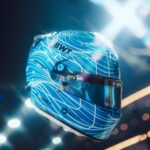 Three-quarter front view of Pierre Gasly's 2026 Singapore GP helmet: two-tone blue with white lines, BWT, eni visor strip